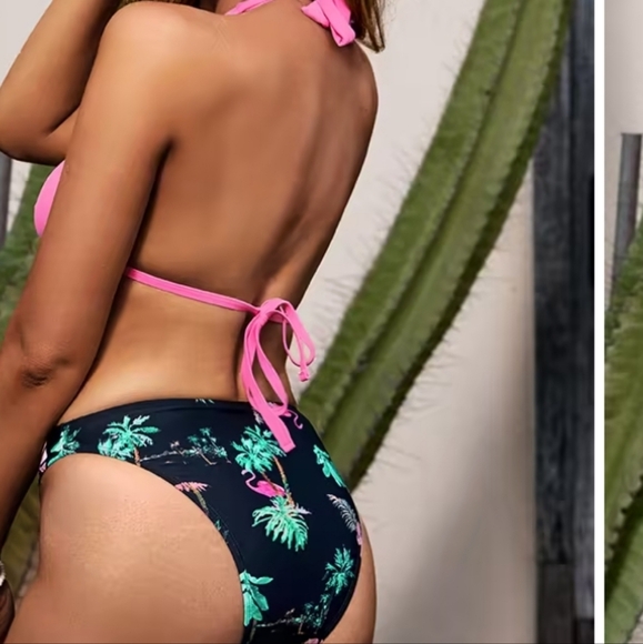 Cupshe Pink Flamingo Sunbeam Halter Cheeky Bikini Set NEW - Picture 2 of 7